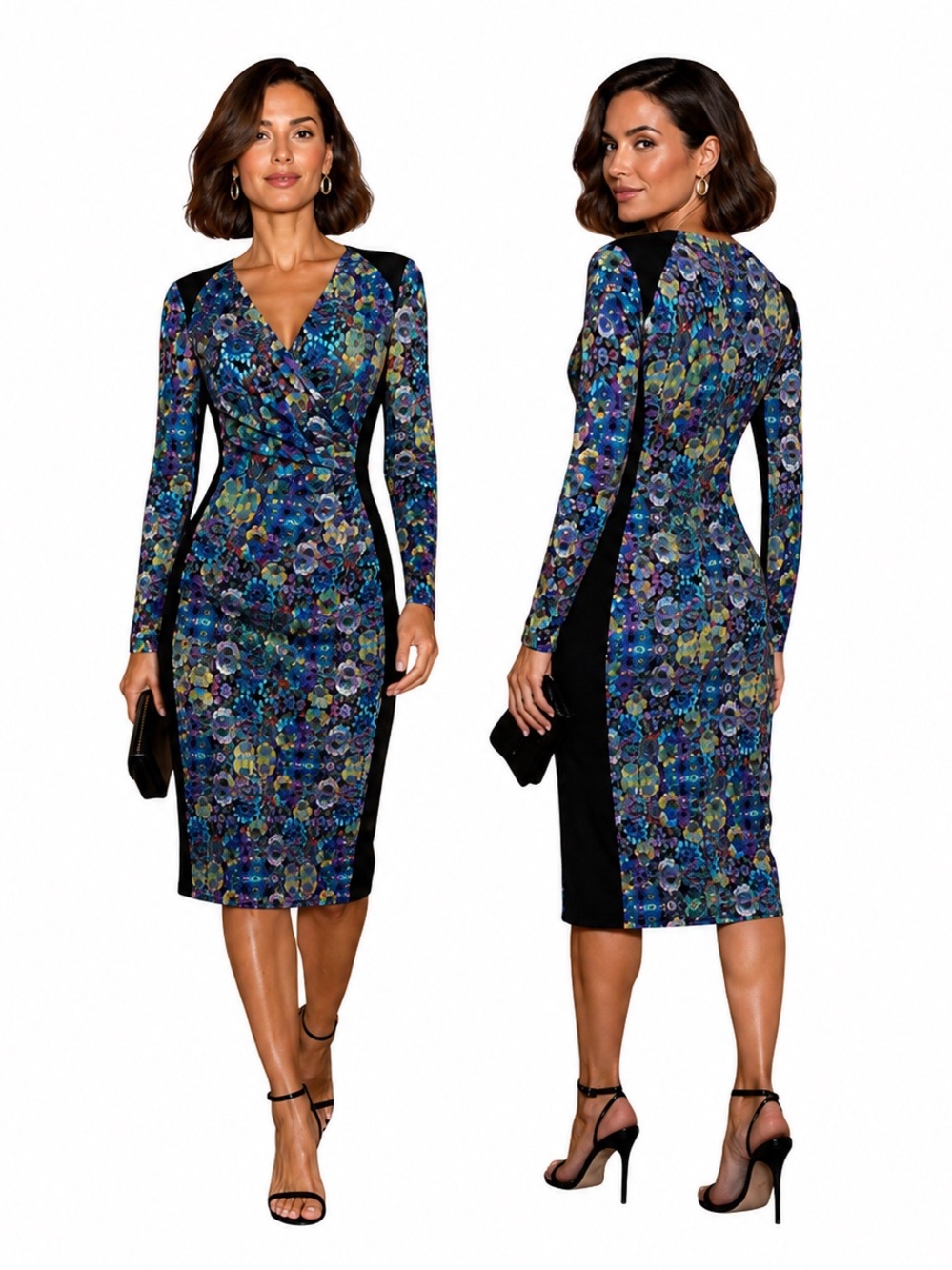 Maggy London Floral Bodycon Sheath Dress Women’s 6 Faux Wrap Hourglass Illusion